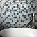 Dreamscape mosaic tile being used as a splashback behind a bathroom sink showing the monochromatic mosaic with glitter pieces