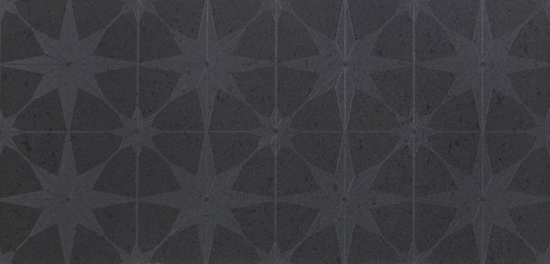 Opulence Porcelain Stargazer tile showing the etched star pattern on the dark grey tile.