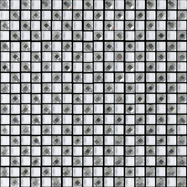 White square pieces with silver jewelled pieces in a square mosaic format