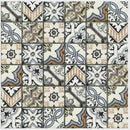 Lisbon mosaic tile with brown, blue, and cream tones in a geometric, Portuguese style pattern