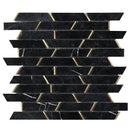 Monte Carlo Black Luxe mosaic showing the trapezium marble shaped pieces, and the brass effect pieces that complement them.