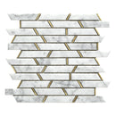 Monte Carlo White Luxe mosaic tile sheet showing the trapezium shaped marble effect mosaic pieces with gold brass