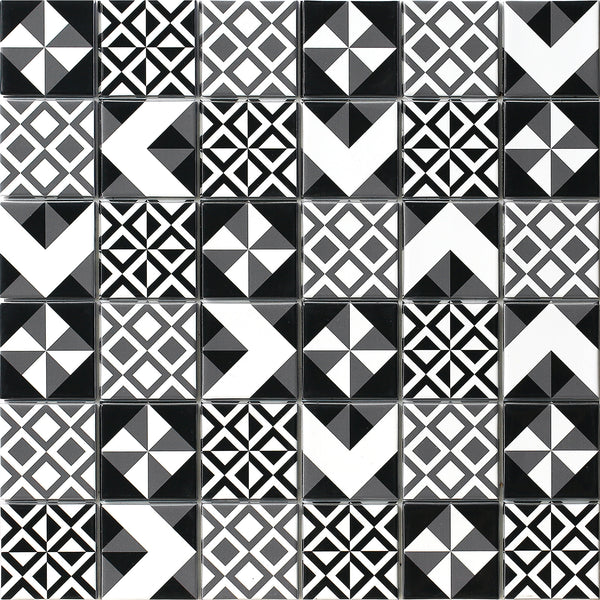 Monomix mosaic product image showing the geometric black and white pattern mosaic in a square format