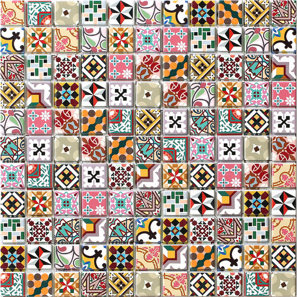 Geometric Blush mosaic tile product image showing the bright bold pattern and colours of this Mosaic