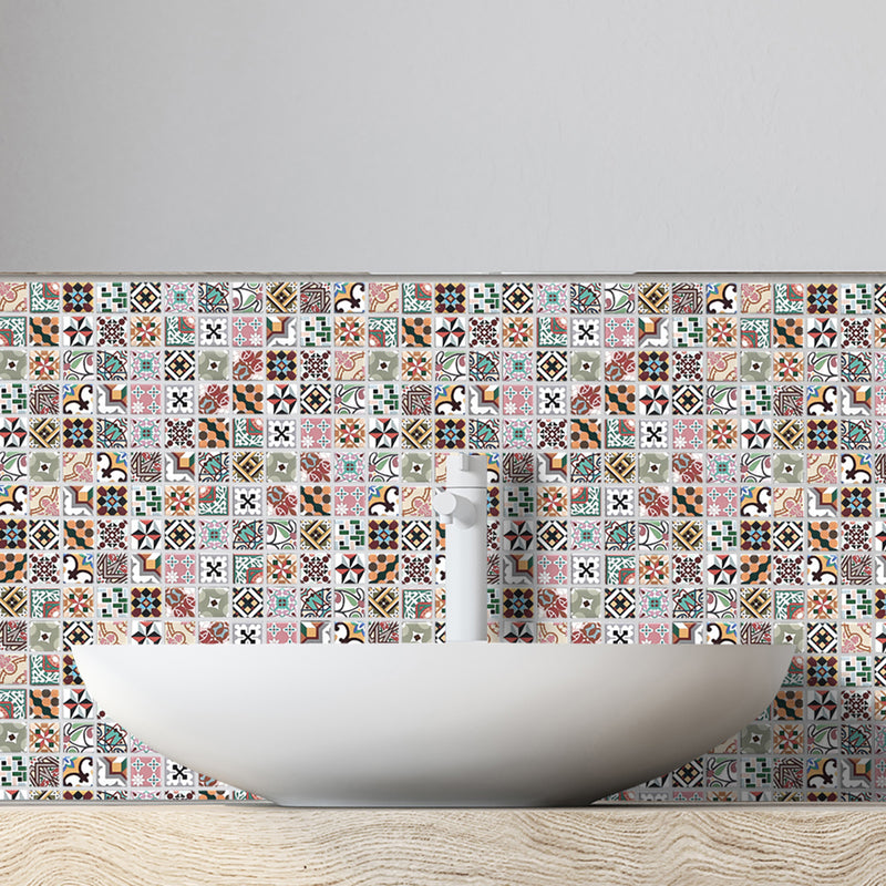 Geometric Blush self adhesive mosaic tile lifestyle image showing the mosaics being used as a splashback behind a sink