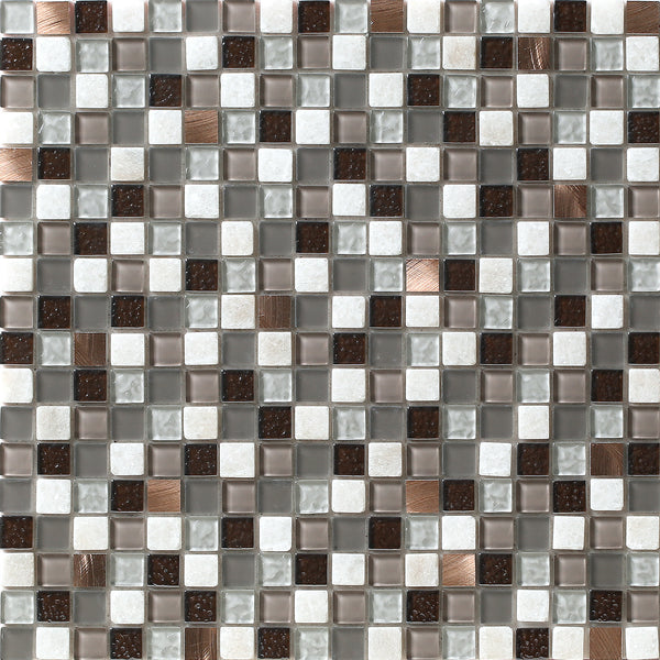 Mayflower mosaic product image showing the mix of browns, whites and rose gold square pieces