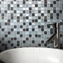 Dreamscape mosaic tile being used as a splashback behind a bathroom sink showing the monochromatic mosaic with glitter pieces 