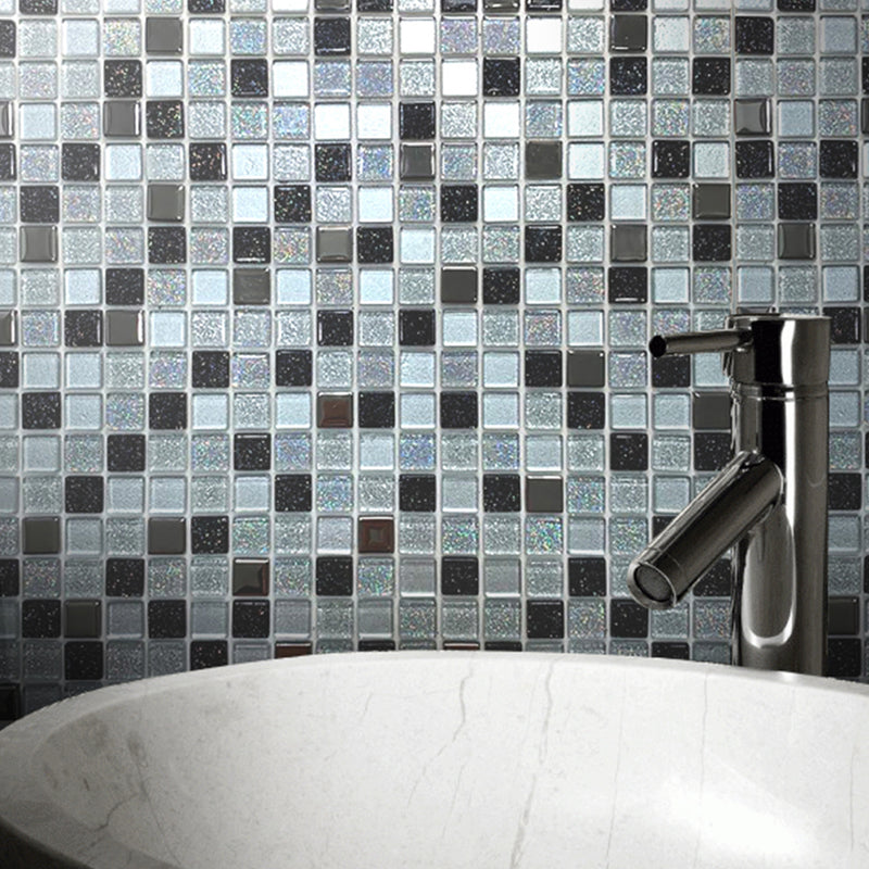 Dreamscape mosaic tile being used as a splashback behind a bathroom sink showing the monochromatic mosaic with glitter pieces 