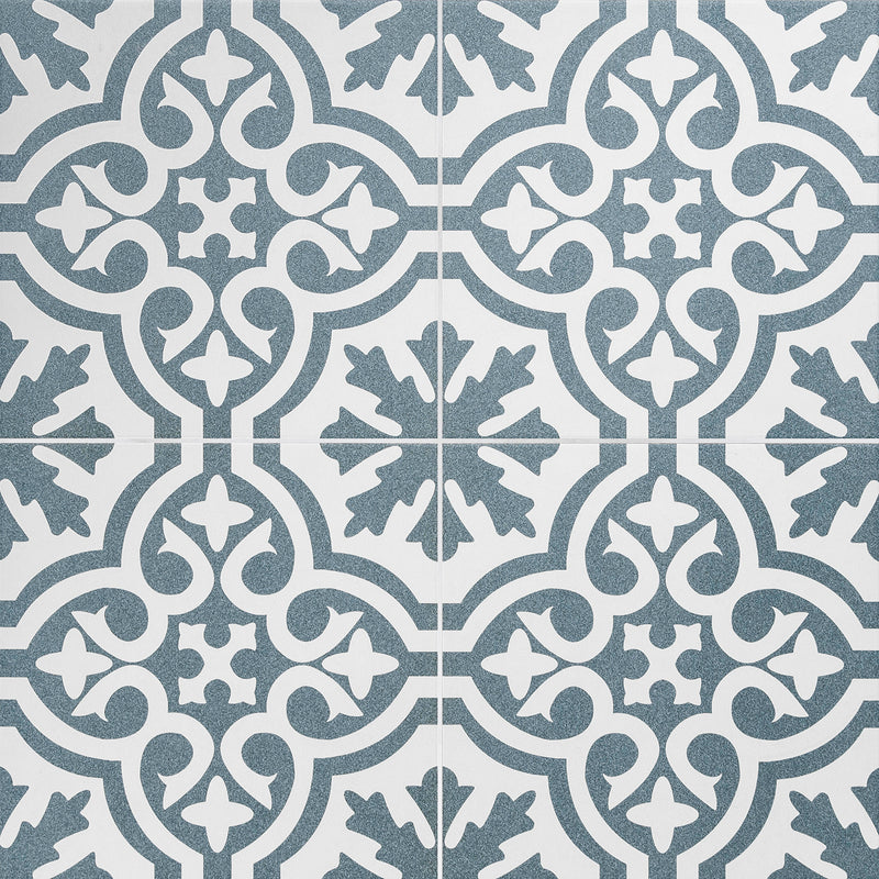 Product image showing the blue and white floral pre-scored 450 x 450mm tile.