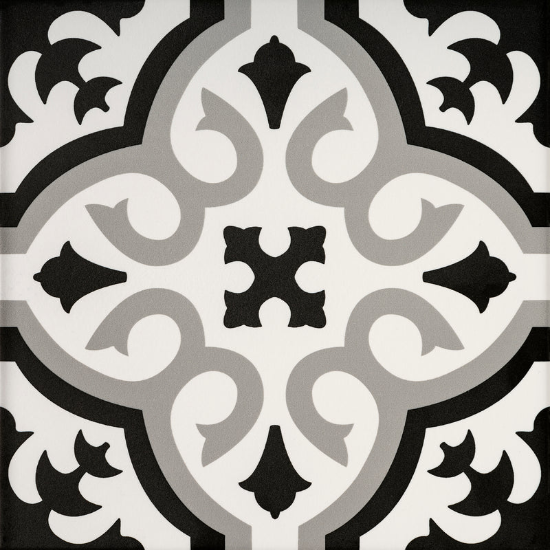 Product image of Classic tile showing the floral grey, black and white design 