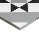 Side on image showing the Diamond tile from the Floral collection from the side, and the grey, black and white geometric floral pattern