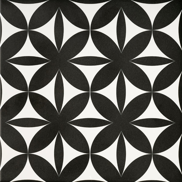 Product Image of the Floral Eclipse tile showing the black and white floral design
