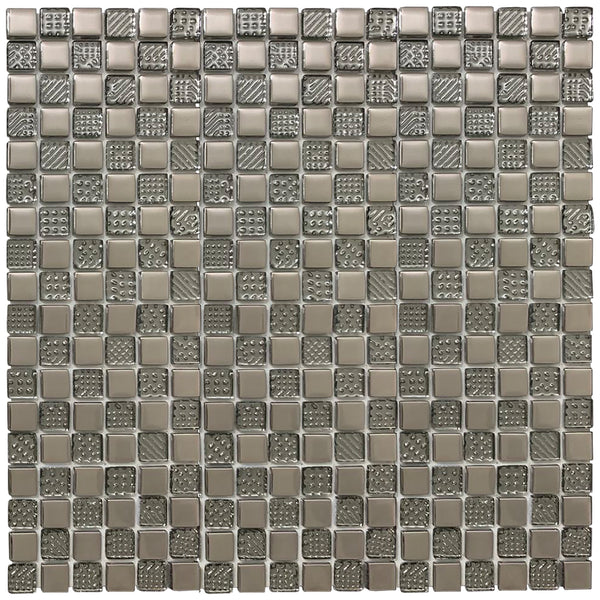 Self-Adhesive mosaic tile Hammersmith showing the hammered effect glass pieces and metal pieces