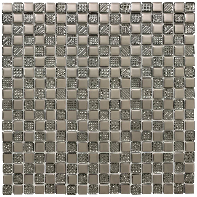 Self-Adhesive mosaic tile Hammersmith showing the hammered effect glass pieces and metal pieces