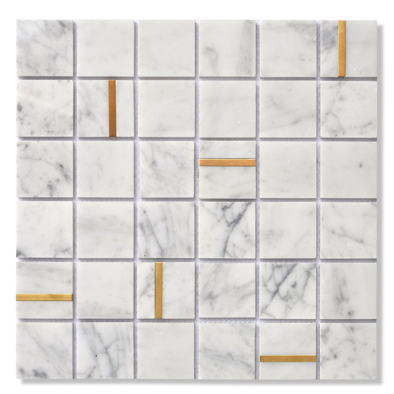 White marble base square mosaic pieces with hints of brass effect pieces