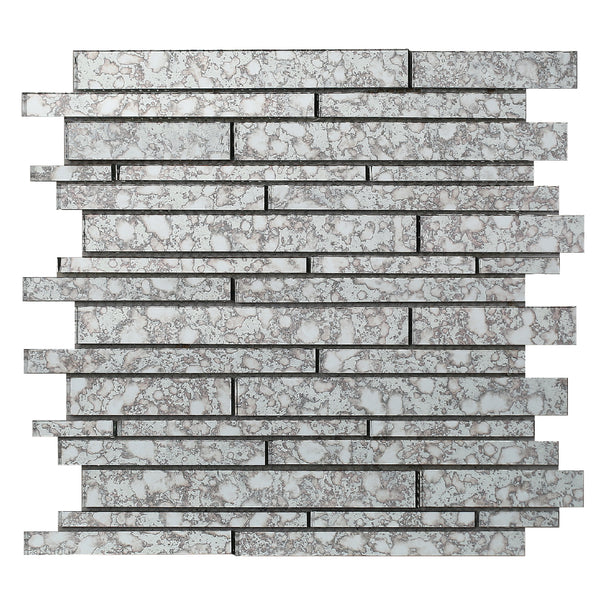 Cannes Silver mosaic tile sheet product image showing the silver antique mirror effect and linear mosaic pieces