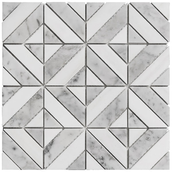 Florence Luxe mosaic tile sheet product image showing the white and grey polished marble geometric style pattern