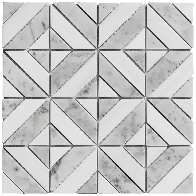 Florence Luxe mosaic tile sheet product image showing the white and grey polished marble geometric style pattern