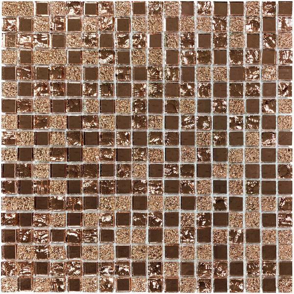 Glamour Bronze mosaic tile product image showing the different variations of bronze mirror and textured pieces