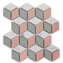 Hexia Blush mosaic tile with Calacatta effect marble pieces, accented by grey pieces, and a pop of blush pink makes up this geometric cube inspired pattern