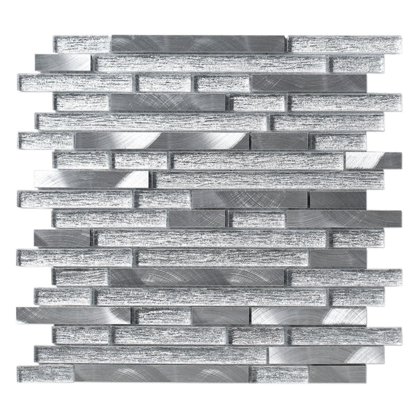 Elysee Ice Mosaic glass tile product image, showing the mix of brushed aluminium, textured glass and frosted glass in a linear, rectangular pattern