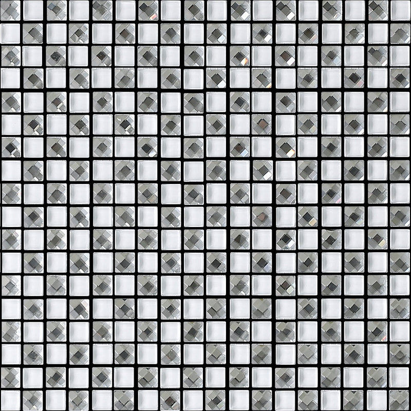 White square pieces with silver jewelled pieces in a square mosaic format