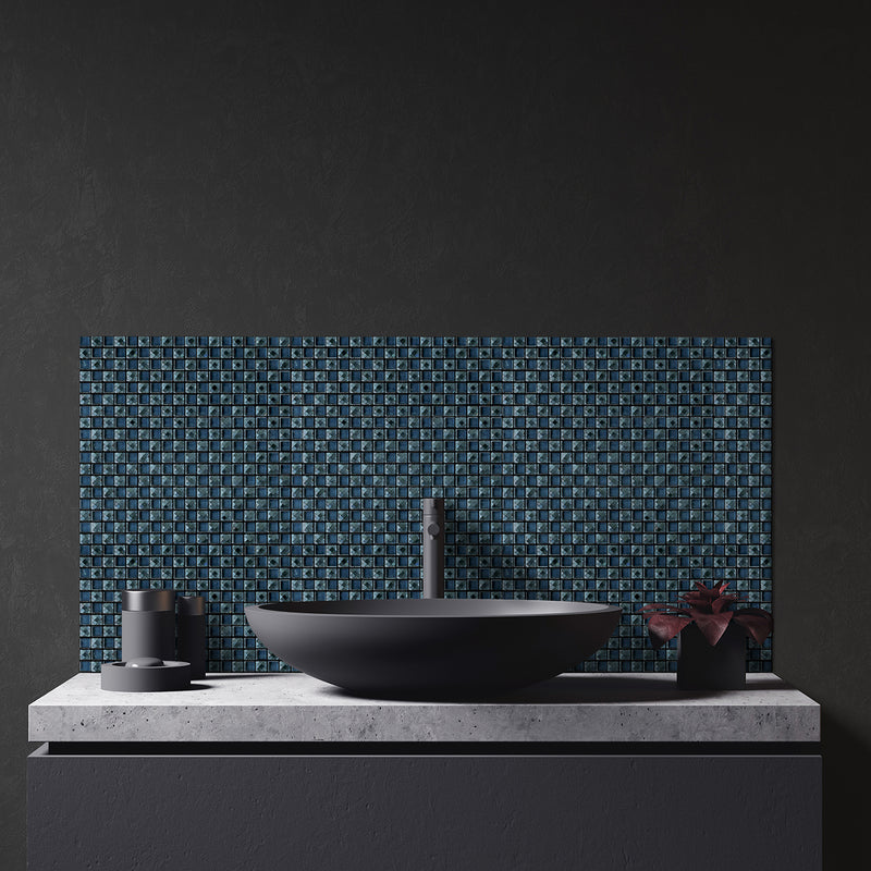 Jewel Midnight mosaic with dark grey grout lifestyle image showing the mosaic being used as a splashback behind a sink