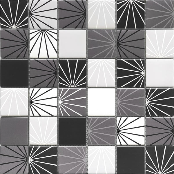 Mono Fan product shot showing the lily-pad design on square format mosaic chips. A monochromatic colour scheme with contrasting line design