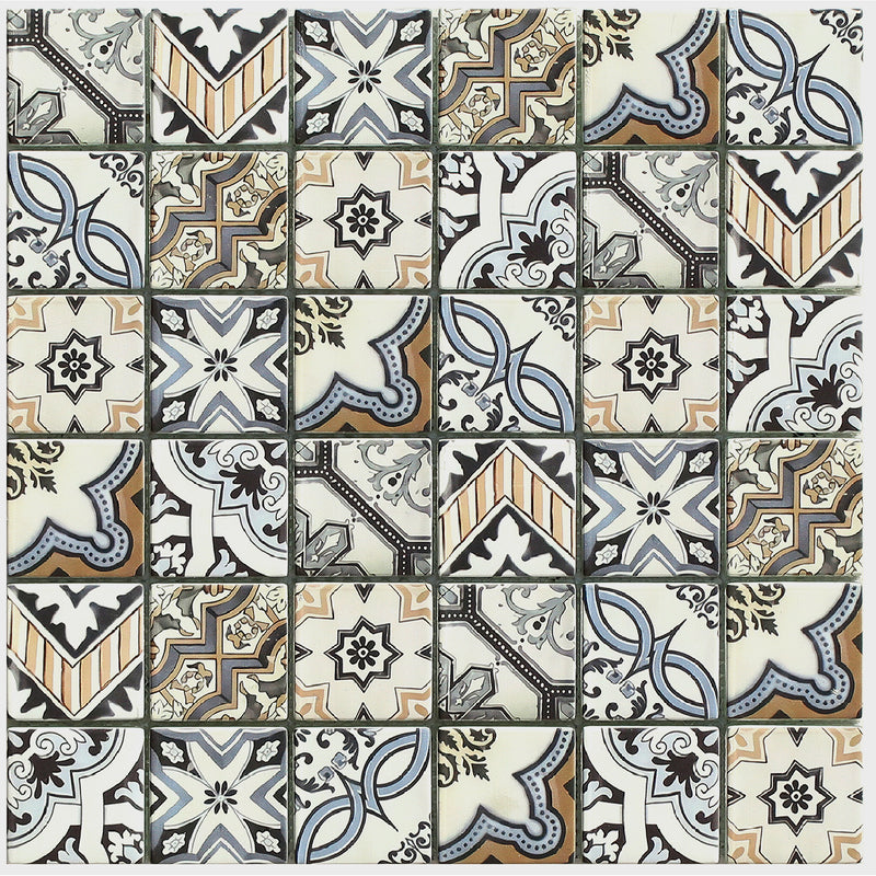Lisbon mosaic tile with brown, blue, and cream tones in a geometric, Portuguese style pattern 