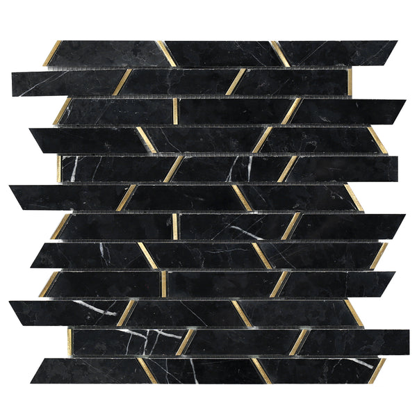 Monte Carlo Black Luxe mosaic showing the trapezium marble shaped pieces, and the brass effect pieces that complement them.