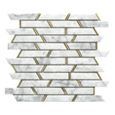 Monte Carlo White Luxe mosaic tile sheet showing the trapezium shaped marble effect mosaic pieces with gold brass 