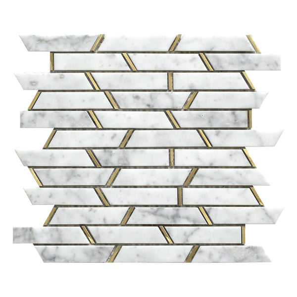 Monte Carlo White Luxe mosaic tile sheet showing the trapezium shaped marble effect mosaic pieces with gold brass 