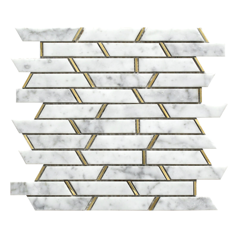 Monte Carlo White Luxe mosaic tile sheet showing the trapezium shaped marble effect mosaic pieces with gold brass 