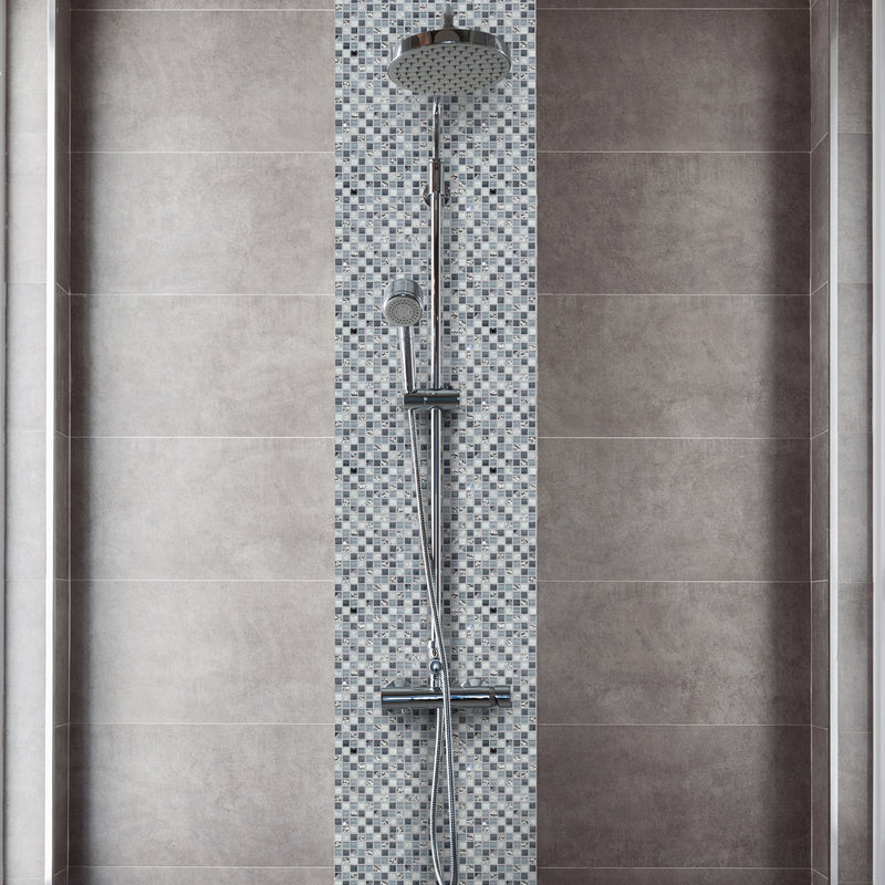 Monocrackle mosaic lifestyle image being used as zoned area in shower