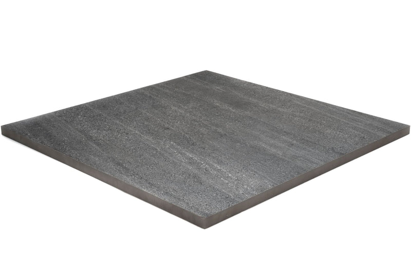 Product image of Outdoor Porcelain 600mm x 600mm x 20mm tile, in Agate Black, which is a Dark Grey / Black, stone effect tile, shown from the side