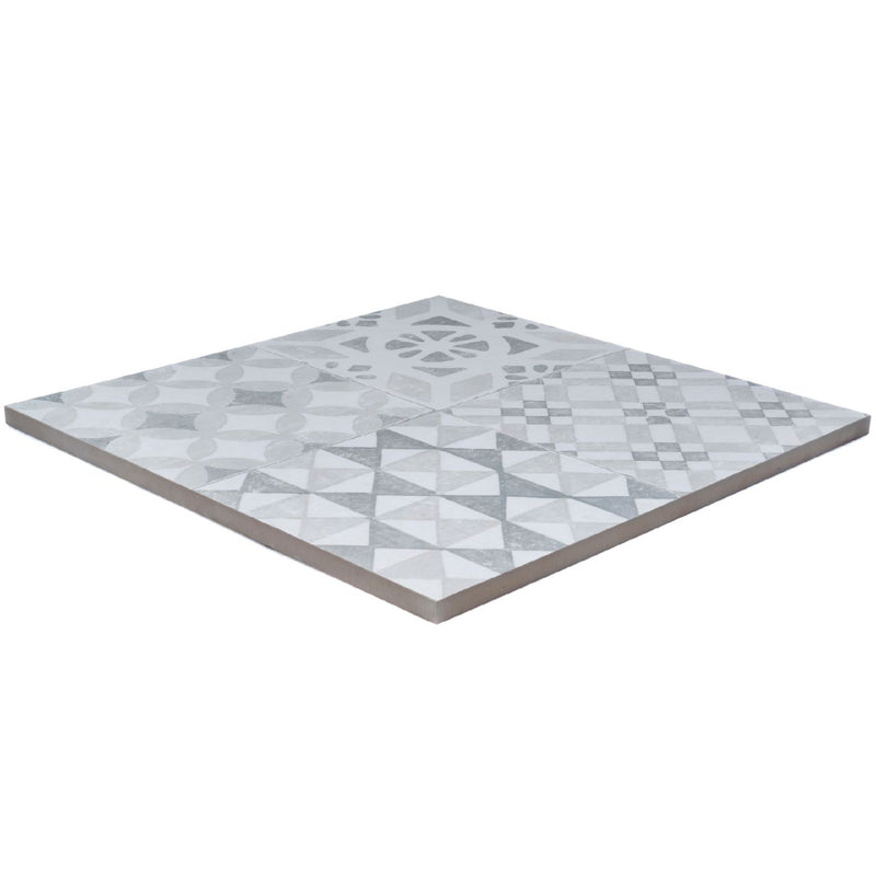 Product image of the Outdoor Porcelain 600mm x 600mm x 20mm tile, with a stone effect geo pattern, from side on