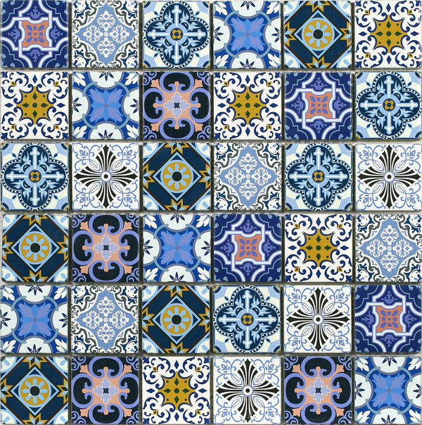 Aleah mosaic tile product images showing the beautiful geometric design in blue, indigo and violet tones with hints of pink and yellow