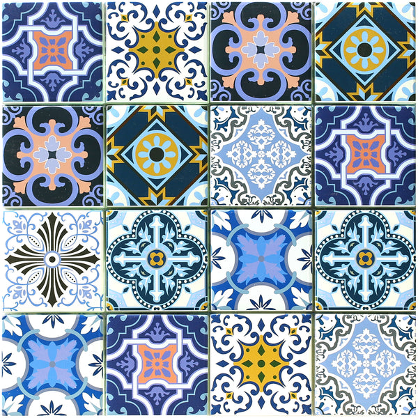 Porto Mosaic has a blue, white, pink and yellow Moroccan inspired pattern in a 4 x 4 square format