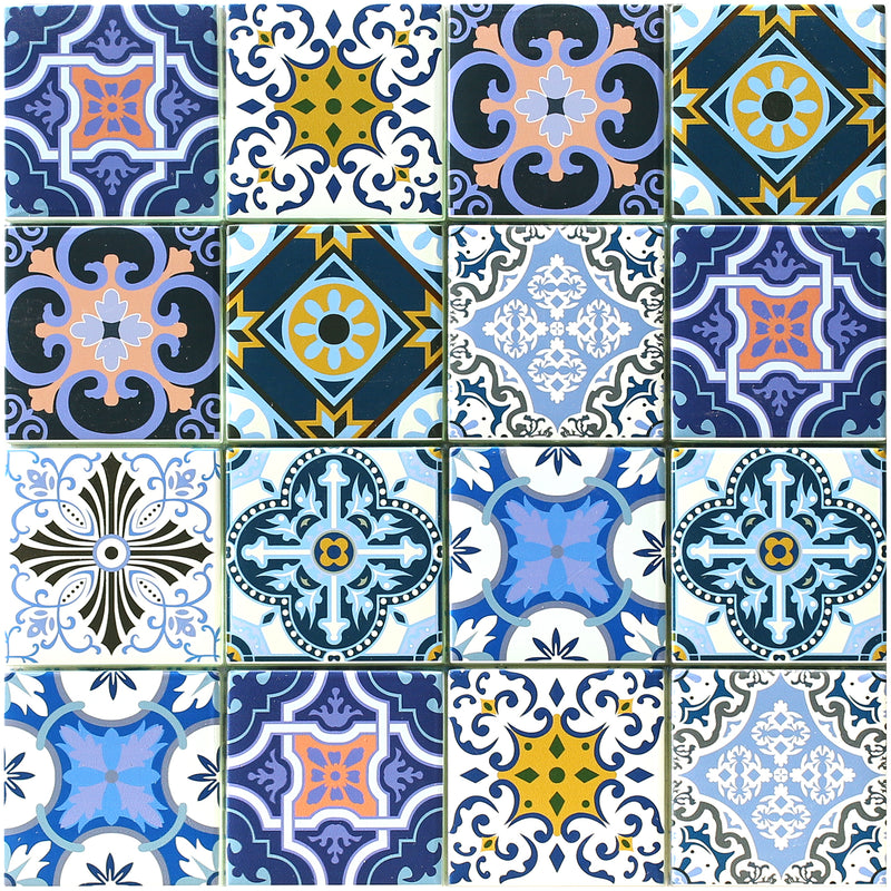 Porto Mosaic has a blue, white, pink and yellow Moroccan inspired pattern in a 4 x 4 square format