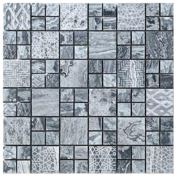 Stone Etch Mosaic Tile showing grey marble pattern in a 6 x 6 mosaic format, with smaller 4 x 4 squares