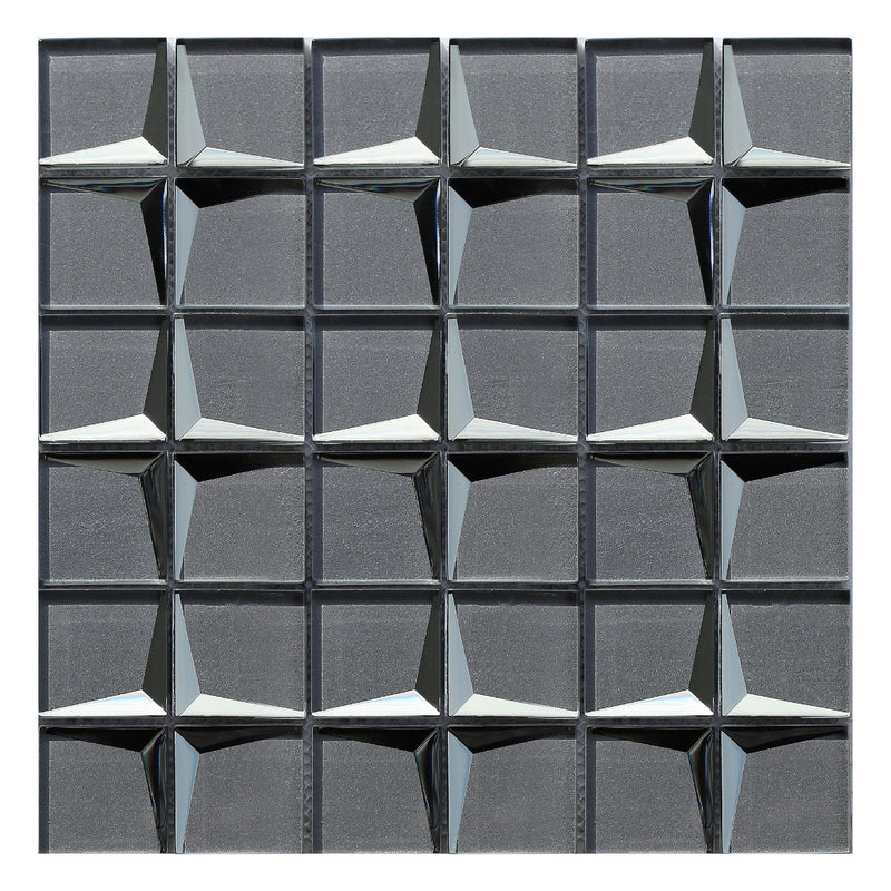 The Stargazer Grey mosaic showing the metallic grey base colour, and mirrored edging to give the mosaic depth.