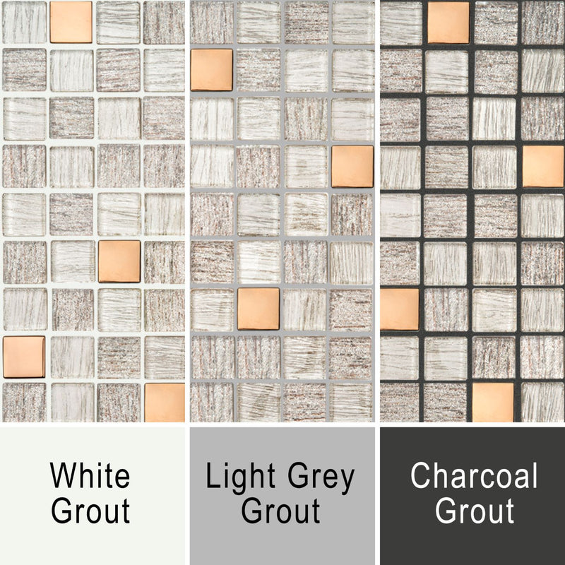 Grout image showing Copper Antwerp mosaic with white grout, grey grout and dark grey grout