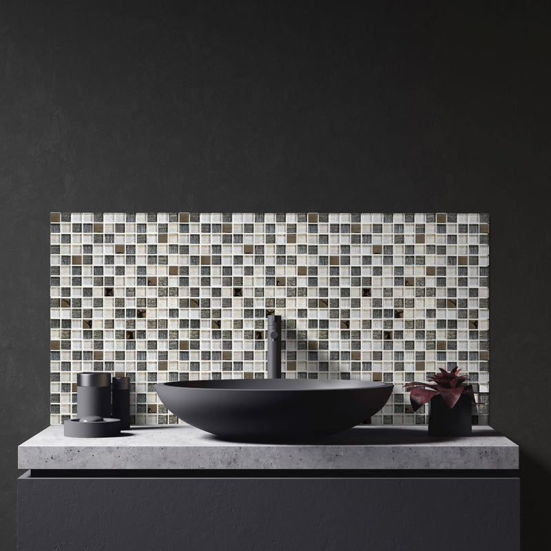 Antwerp mosaic being used in a black bathroom with black accents, as a splashback behind a black sink