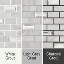 Calacatta Luxe mosaic grout image showing the mosaic with white grout, grey grout and dark grey grout