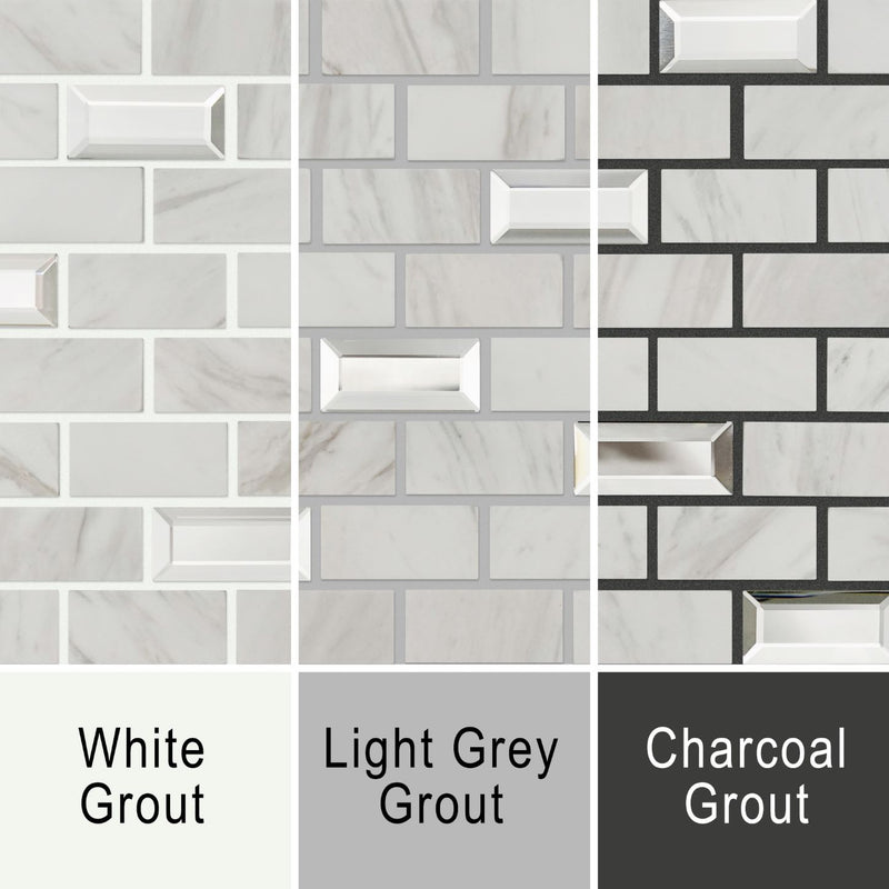 Calacatta Luxe mosaic grout image showing the mosaic with white grout, grey grout and dark grey grout
