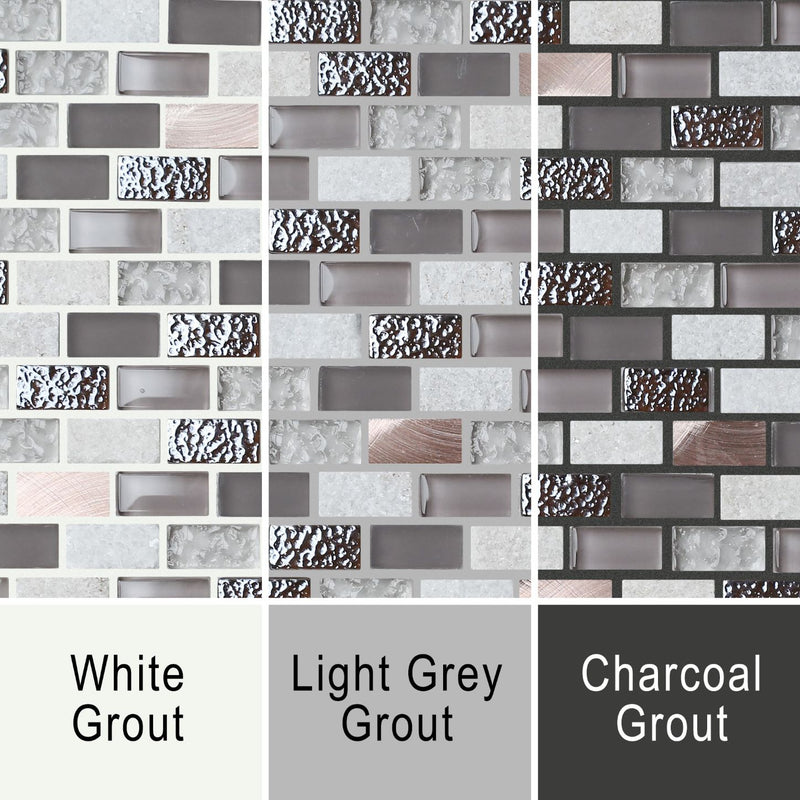 Chelsea mosaic showing the mosaic with white grout, grey grout and dark grey grout