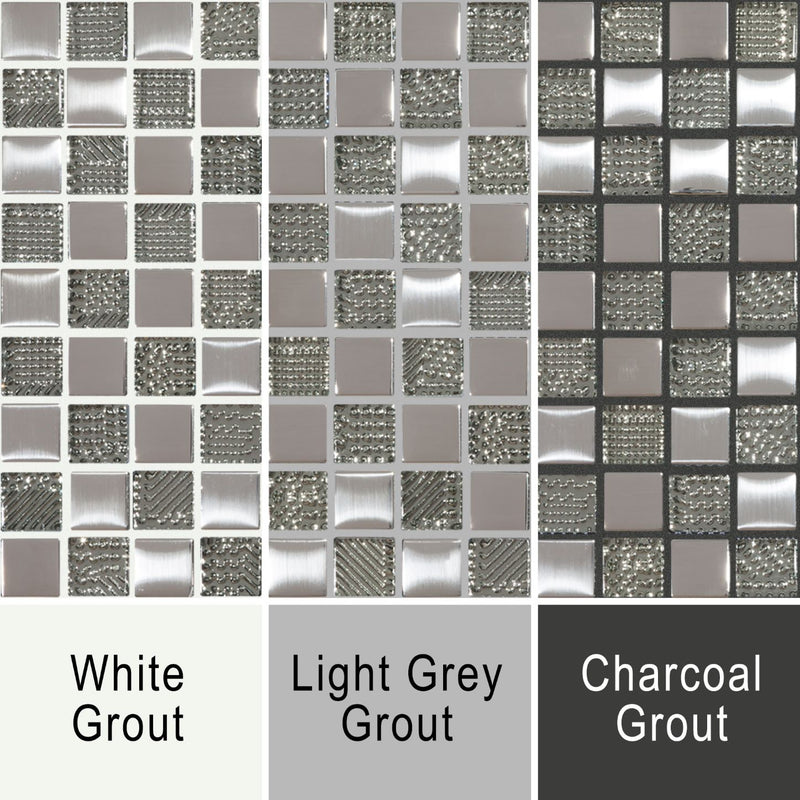 Hammerfest grout image showing the mosaic tile against white, grey and dark grey grout