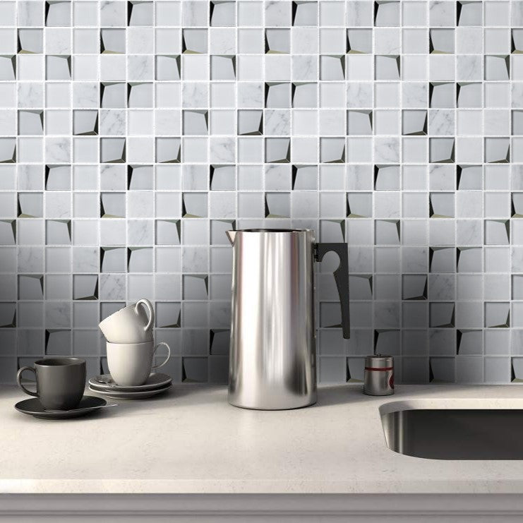 Venice Luxe White lifestlye image showing the mosaics being used as a backsplash behind a kettle and mugs