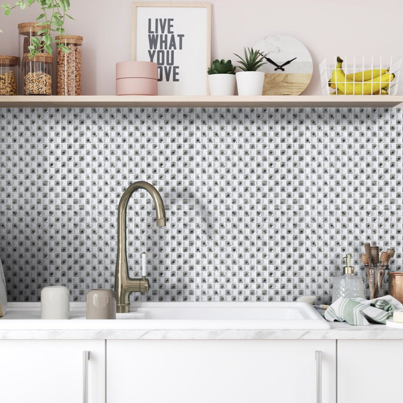 Jewel White lifestlye image showing the white mosaic with diamante effect pieces being used as a splashback in a kitchen