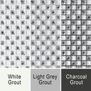 Grout image for Jewel White. Image shows the white mosaic against white, grey and dark grey grout
